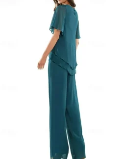 Two Piece Pantsuit Mother of the Bride Dress Elegant Crew Neck Floor Length Chiffon Short Sleeve with Lace Embroidery Cascading Ruffles