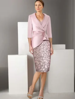 Two Piece Sheath / Column Dress Suit Mother of the Bride Dress Vintage Sparkle & Shine V Neck Knee Length Satin Glitter Lace 3/4 Length Sleeve with Lace Appliques Race Day Dress