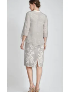 Two Piece Sheath / Column Mother of the Bride Dress Elegant Vintage V Neck Tea Length Chiffon Floral Lace Applique 3/4 Length Sleeve With Ruffled Jacket Race Day Dress