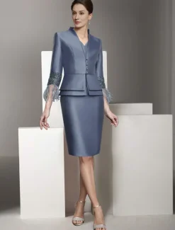 Two Piece Sheath / Column Dress Suit Mother of the Bride Dress Elegant Vintage V Neck Knee Length Satin 3/4 Length Sleeve with Feather Beading Race Day Dress