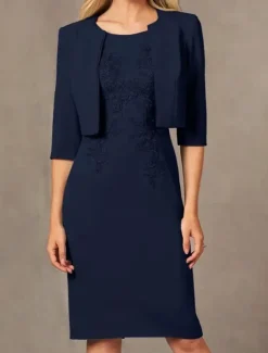 Two Piece Sheath / Column Dress Beach Wedding Suit Mother of the Bride Dress Simple Jewel Neck Knee Length Stretch Fabric Jacket Dresses with Embroidery Appliques Race Day Dress