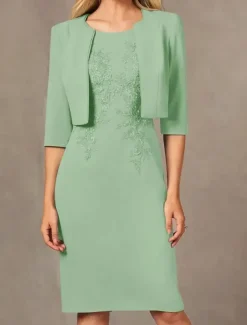 Two Piece Sheath / Column Dress Beach Wedding Suit Mother of the Bride Dress Simple Jewel Neck Knee Length Stretch Fabric Jacket Dresses with Embroidery Appliques Race Day Dress