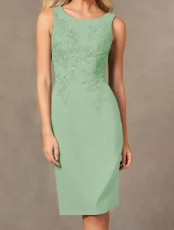 Two Piece Sheath / Column Dress Beach Wedding Suit Mother of the Bride Dress Simple Jewel Neck Knee Length Stretch Fabric Jacket Dresses with Embroidery Appliques Race Day Dress