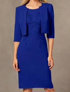 Two Piece Sheath / Column Dress Beach Wedding Suit Mother of the Bride Dress Simple Jewel Neck Knee Length Stretch Fabric Jacket Dresses with Embroidery Appliques Race Day Dress