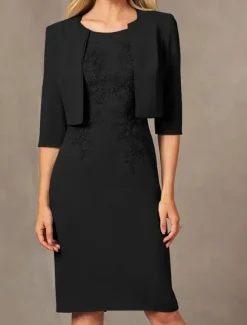Two Piece Sheath / Column Dress Beach Wedding Suit Mother of the Bride Dress Simple Jewel Neck Knee Length Stretch Fabric Jacket Dresses with Embroidery Appliques Race Day Dress