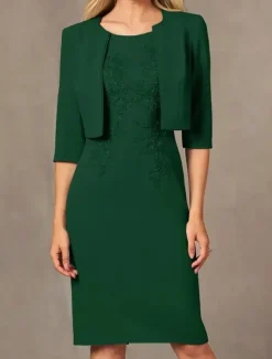 Two Piece Sheath / Column Dress Beach Wedding Suit Mother of the Bride Dress Simple Jewel Neck Knee Length Stretch Fabric Jacket Dresses with Embroidery Appliques Race Day Dress