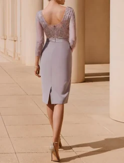 Two Piece Sheath / Column Mother of the Bride Dress Kentucky Elegant Dresses Wedding Guest Jewel Neck Tea Length Stretch Fabric 3/4 Length Sleeve with Lace Appliques Race Day Dress