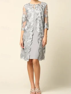 Two Piece Sheath / Column Mother of the Bride Dress Elegant Vintage Simple Crew Neck Tea Length Lace 3/4 Length Sleeve with Floral Embroidered Lace Applique