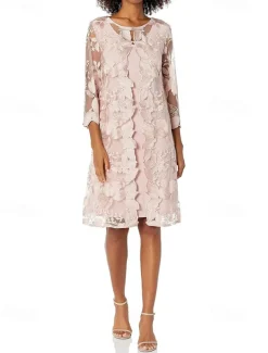 Two Piece Sheath / Column Mother of the Bride Dress Elegant Vintage Simple Crew Neck Tea Length Lace 3/4 Length Sleeve with Floral Embroidered Lace Applique