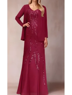 Two Piece Sheath / Column Dress Suit Mother of the Bride Dress Elegant Sparkle & Shine V Neck Floor Length Chiffon Sequined Short Sleeve with Sequin
