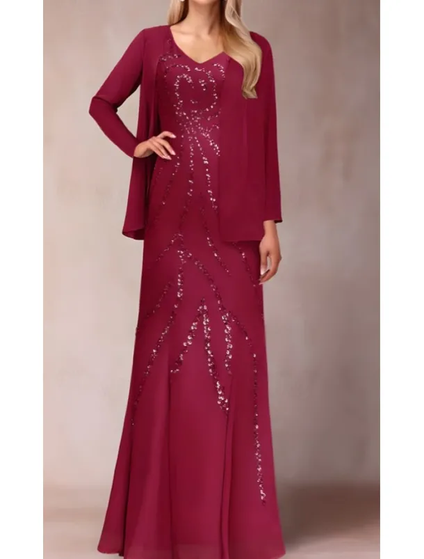 Two Piece Sheath / Column Dress Suit Mother of the Bride Dress Elegant Sparkle & Shine V Neck Floor Length Chiffon Sequined Short Sleeve with Sequin