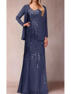 Two Piece Sheath / Column Dress Suit Mother of the Bride Dress Elegant Sparkle & Shine V Neck Floor Length Chiffon Sequined Short Sleeve with Sequin