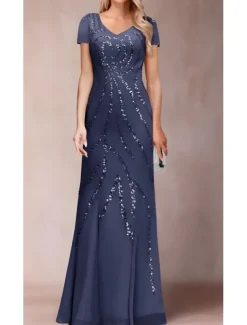 Two Piece Sheath / Column Dress Suit Mother of the Bride Dress Elegant Sparkle & Shine V Neck Floor Length Chiffon Sequined Short Sleeve with Sequin