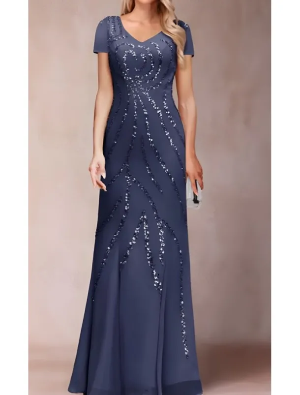 Two Piece Sheath / Column Dress Suit Mother of the Bride Dress Elegant Sparkle & Shine V Neck Floor Length Chiffon Sequined Short Sleeve with Sequin
