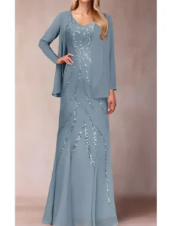 Two Piece Sheath / Column Dress Suit Mother of the Bride Dress Elegant Sparkle & Shine V Neck Floor Length Chiffon Sequined Short Sleeve with Sequin