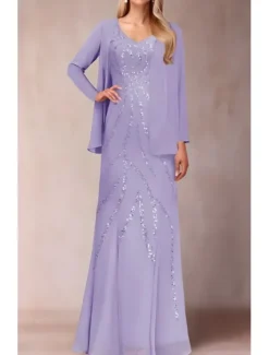 Two Piece Sheath / Column Dress Suit Mother of the Bride Dress Elegant Sparkle & Shine V Neck Floor Length Chiffon Sequined Short Sleeve with Sequin