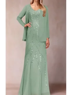 Two Piece Sheath / Column Dress Suit Mother of the Bride Dress Elegant Sparkle & Shine V Neck Floor Length Chiffon Sequined Short Sleeve with Sequin