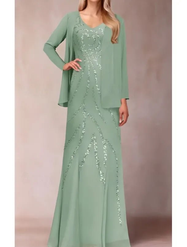 Two Piece Sheath / Column Dress Suit Mother of the Bride Dress Elegant Sparkle & Shine V Neck Floor Length Chiffon Sequined Short Sleeve with Sequin