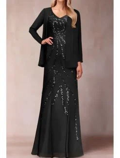 Two Piece Sheath / Column Dress Suit Mother of the Bride Dress Elegant Sparkle & Shine V Neck Floor Length Chiffon Sequined Short Sleeve with Sequin