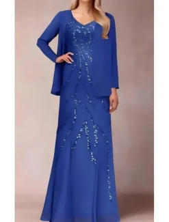 Two Piece Sheath / Column Dress Suit Mother of the Bride Dress Elegant Sparkle & Shine V Neck Floor Length Chiffon Sequined Short Sleeve with Sequin