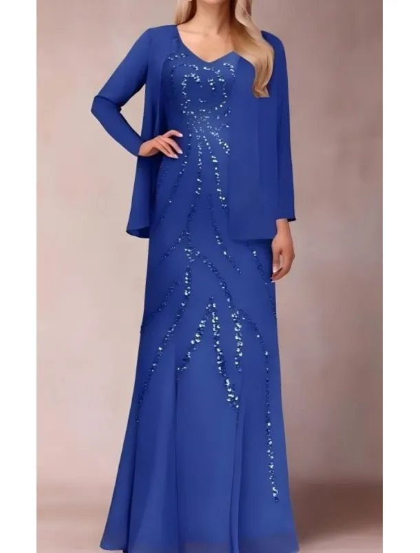 Two Piece Sheath / Column Dress Suit Mother of the Bride Dress Elegant Sparkle & Shine V Neck Floor Length Chiffon Sequined Short Sleeve with Sequin