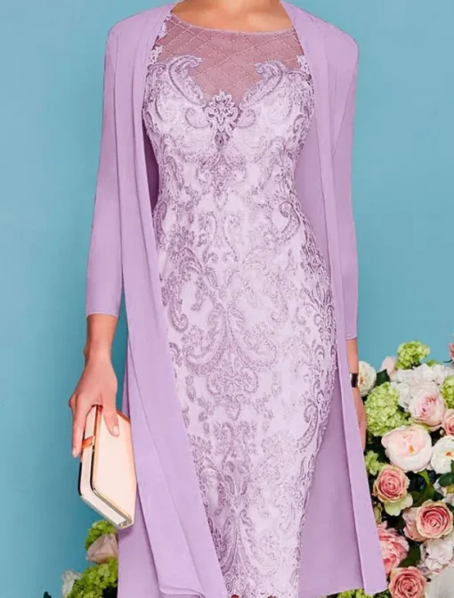 Two Piece Sheath Beach Wedding Mother of the Bride Dress Wedding Guest Elegant Jewel Neck Knee Length Chiffon Lace 3/4 Length Sleeve Wrap Included Jacket Dresses with Beading Appliques