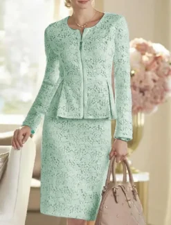 Two Piece Sheath Mother of the Bride Dress Wedding Guest Elegant Party Scoop Neck Knee Length Lace Long Sleeve Wrap Included with Solid Color Race Day Dress free custom size