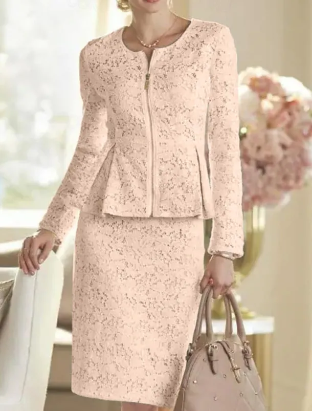 Two Piece Sheath Mother of the Bride Dress Wedding Guest Elegant Party Scoop Neck Knee Length Lace Long Sleeve Wrap Included with Solid Color Race Day Dress free custom size