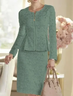 Two Piece Sheath Mother of the Bride Dress Wedding Guest Elegant Party Scoop Neck Knee Length Lace Long Sleeve Wrap Included with Solid Color Race Day Dress free custom size