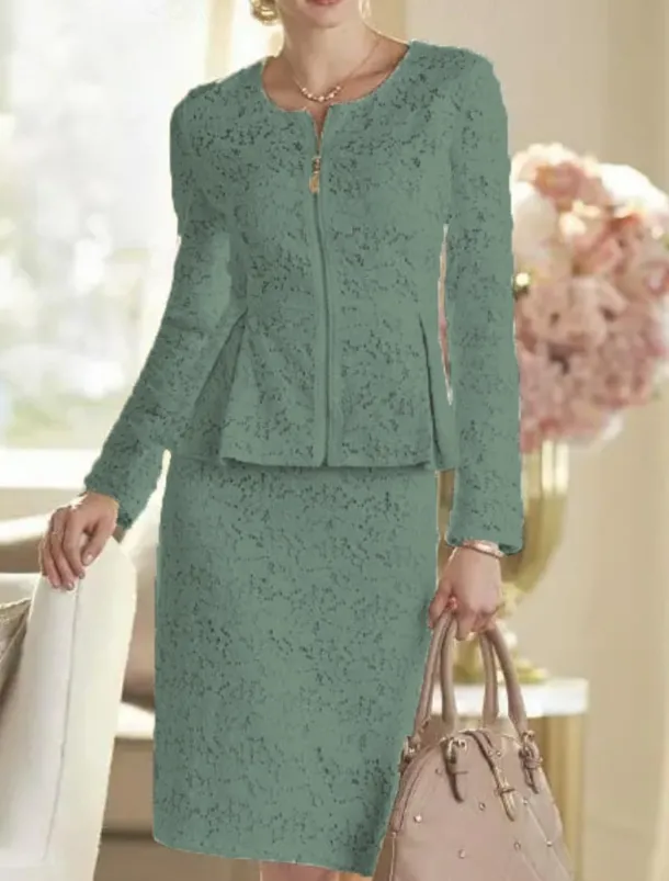 Two Piece Sheath Mother of the Bride Dress Wedding Guest Elegant Party Scoop Neck Knee Length Lace Long Sleeve Wrap Included with Solid Color Race Day Dress free custom size