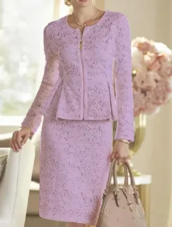 Two Piece Sheath Mother of the Bride Dress Wedding Guest Elegant Party Scoop Neck Knee Length Lace Long Sleeve Wrap Included with Solid Color Race Day Dress free custom size