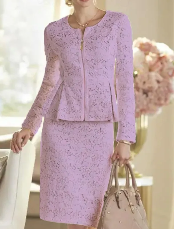 Two Piece Sheath Mother of the Bride Dress Wedding Guest Elegant Party Scoop Neck Knee Length Lace Long Sleeve Wrap Included with Solid Color Race Day Dress free custom size