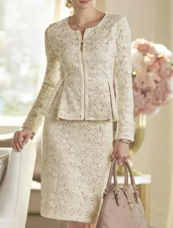 Two Piece Sheath Mother of the Bride Dress Wedding Guest Elegant Party Scoop Neck Knee Length Lace Long Sleeve Wrap Included with Solid Color Race Day Dress free custom size