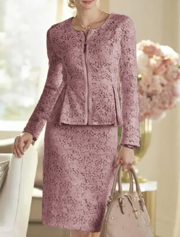 Two Piece Sheath Mother of the Bride Dress Wedding Guest Elegant Party Scoop Neck Knee Length Lace Long Sleeve Wrap Included with Solid Color Race Day Dress free custom size