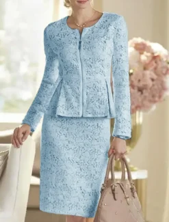 Two Piece Sheath Mother of the Bride Dress Wedding Guest Elegant Party Scoop Neck Knee Length Lace Long Sleeve Wrap Included with Solid Color Race Day Dress free custom size