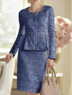 Two Piece Sheath Mother of the Bride Dress Wedding Guest Elegant Party Scoop Neck Knee Length Lace Long Sleeve Wrap Included with Solid Color Race Day Dress free custom size