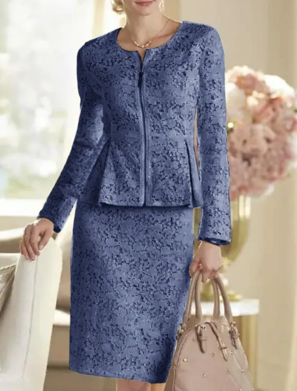 Two Piece Sheath Mother of the Bride Dress Wedding Guest Elegant Party Scoop Neck Knee Length Lace Long Sleeve Wrap Included with Solid Color Race Day Dress free custom size