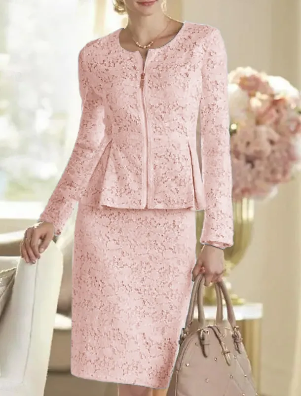 Two Piece Sheath Mother of the Bride Dress Wedding Guest Elegant Party Scoop Neck Knee Length Lace Long Sleeve Wrap Included with Solid Color Race Day Dress free custom size