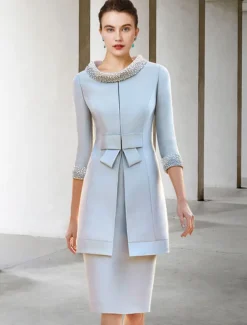 Two Piece Sheath Mother of the Bride Dress Wedding Guest Church Elegant Jewel Satin Cap Sleeve Jacket Dresses with Sash / Ribbon Bow(s) Beading Race Day Dress
