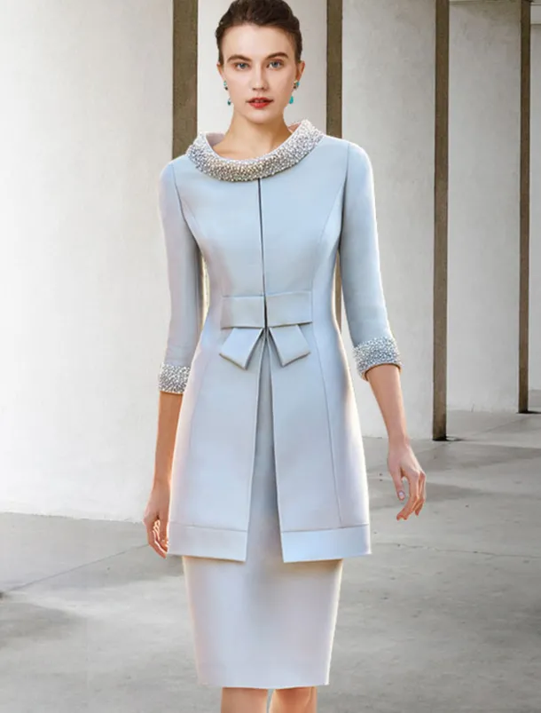 Two Piece Sheath Mother of the Bride Dress Wedding Guest Church Elegant Jewel Satin Cap Sleeve Jacket Dresses with Sash / Ribbon Bow(s) Beading Race Day Dress