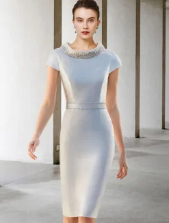 Two Piece Sheath Mother of the Bride Dress Wedding Guest Church Elegant Jewel Satin Cap Sleeve Jacket Dresses with Sash / Ribbon Bow(s) Beading Race Day Dress
