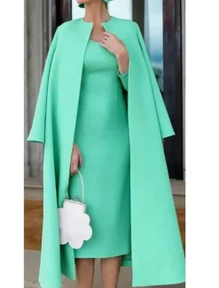 Two Piece Sheath Mother of the Bride Dress Wedding Guest Church Elegant Jewel Neck Knee Length Stretch Fabric Half Sleeve Jacket Dresses with Solid Color Race Day Dress