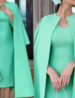 Two Piece Sheath Mother of the Bride Dress Wedding Guest Church Elegant Jewel Neck Knee Length Stretch Fabric Half Sleeve Jacket Dresses with Solid Color Race Day Dress