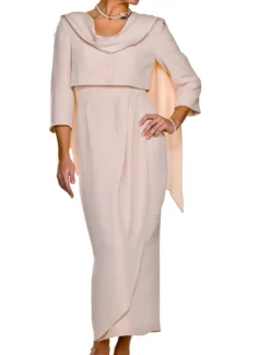 Two Piece Sheath Mother of the Bride Dress Wedding Guest Elegant Square Neck Ankle Length Stretch Fabric Sleeveless Short Jacket Dresses with Buttons Pleats Race Day Dress