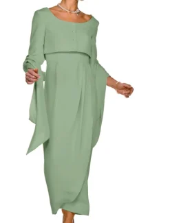 Two Piece Sheath Mother of the Bride Dress Wedding Guest Elegant Square Neck Ankle Length Stretch Fabric Sleeveless Short Jacket Dresses with Buttons Pleats Race Day Dress