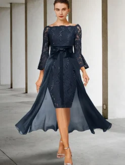 Two Piece Sheath Mother of the Bride Dress Formal Wedding Guest Elegant Party Off Shoulder Knee Length Chiffon Lace Imitated Silk 3/4 Length Sleeve with Bow(s) free custom size