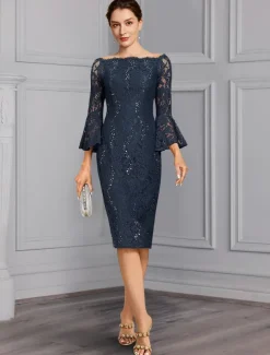 Two Piece Sheath Mother of the Bride Dress Formal Wedding Guest Elegant Party Off Shoulder Knee Length Chiffon Lace Imitated Silk 3/4 Length Sleeve with Bow(s) free custom size