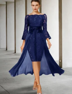 Two Piece Sheath Mother of the Bride Dress Formal Wedding Guest Elegant Party Off Shoulder Knee Length Chiffon Lace Imitated Silk 3/4 Length Sleeve with Bow(s) free custom size
