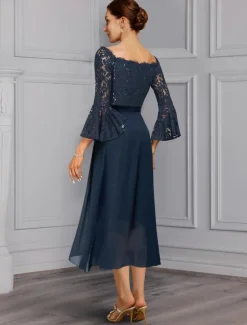 Two Piece Sheath Mother of the Bride Dress Formal Wedding Guest Elegant Party Off Shoulder Knee Length Chiffon Lace Imitated Silk 3/4 Length Sleeve with Bow(s) free custom size