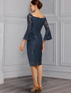 Two Piece Sheath Mother of the Bride Dress Formal Wedding Guest Elegant Party Off Shoulder Knee Length Chiffon Lace Imitated Silk 3/4 Length Sleeve with Bow(s) free custom size